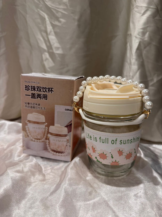 Pearl Strap "Double Drink" Glass Cup – Floral Aesthetic with 2-in-1 Lid