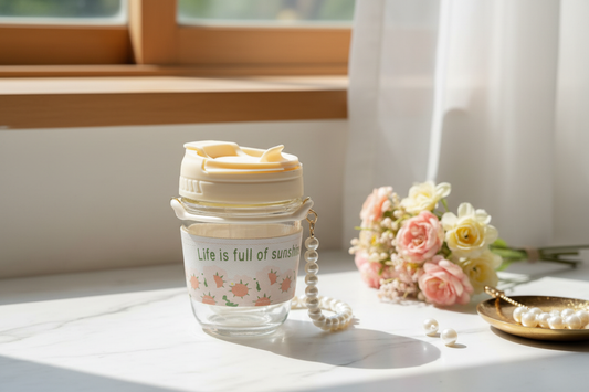 Pearl Strap "Double Drink" Glass Cup – Floral Aesthetic with 2-in-1 Lid